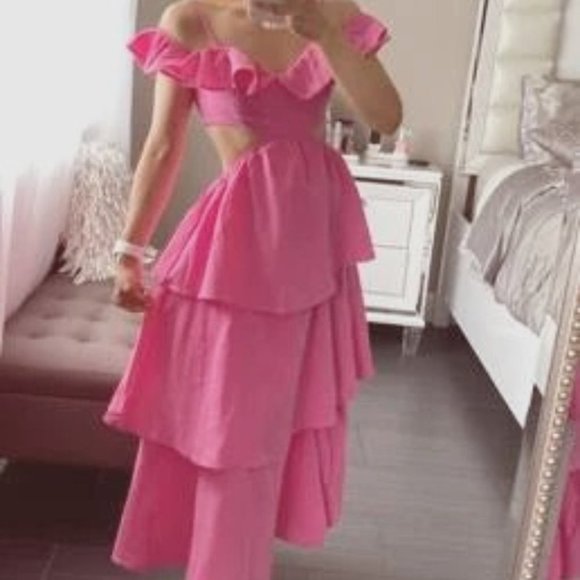 Boho Vacay Pink style trendy V-Neck Cut Out waist Tiered Layer slit Dress - Picture 5 of 7